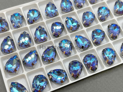 Стразы Капли Olivine Fluorescent пришивные в оправе 14×10 мм/ оправа серебро