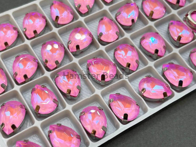 Стразы Капли Light Rose Fluorescent пришивные в оправе 14×10 мм/ оправа серебро