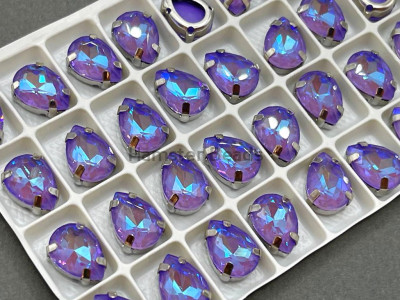 Стразы Капли Violet Fluorescent пришивные в оправе 14×10 мм/ оправа серебро