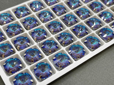 Стразы Риволи Olivine Fluorescent пришивные в оправе 12 мм/ оправа серебро