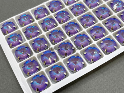 Стразы Риволи Violet Fluorescent пришивные в оправе 12 мм/ оправа серебро