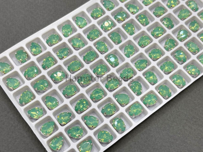 Стразы Капли Chrysolite Opal пришивные в оправе 8×6 мм/ оправа серебро