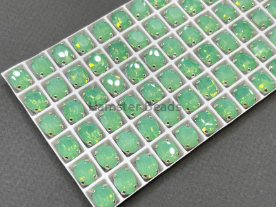 Стразы Овалы Chrysolite Opal пришивные в оправе 10×8 мм/ оправа серебро