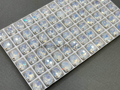 Стразы Овалы White Opal пришивные в оправе 10×8 мм/ оправа серебро