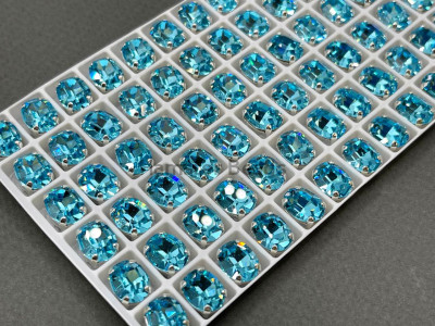 Стразы Овалы Aquamarine пришивные в оправе 10×8 мм/ оправа серебро
