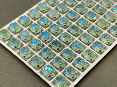 Стразы Овал сахарные Chrysolite пришивные в оправе 10×8 мм/ оправа серебро