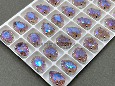 Стразы Капля сахарные Light Amethyst пришивные в оправе 14×10 мм/ оправа серебро