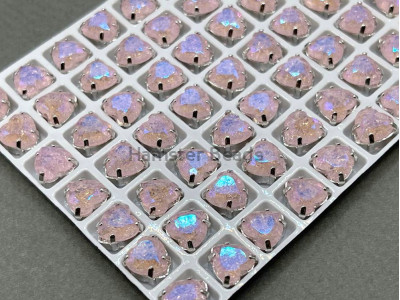 Стразы сахарные Сердце Pink Sapphire пришивные 8×8мм/ оправа серебро
