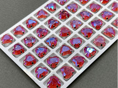 Стразы сахарные Сердце Indian Pink пришивные 10×10 мм/ оправа серебро