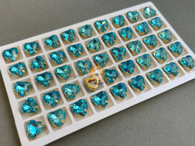 Стразы Сердце Aquamarine в оправе 10×10мм/ оправа золото