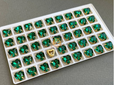 Стразы Сердце Emerald в оправе 10×10мм/ оправа золото