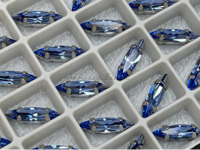 Стразы Наветт Light Sapphire пришивные в оправе 15×4 мм/ оправа серебро