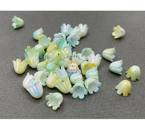 Бусины-цветы Ландыша White Yellow/Green Rainbow 8,5x11 mm / 10 шт