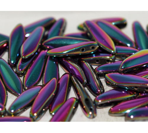 Бусины Кинжалы Jet Full Vitrail Green 2-hole Glass Daggers beads 5x16 мм/ 10 шт
