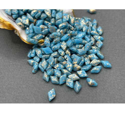 Чешские бусины MATUBO Gemduo Gold Splash Turquoise Blue Glass beads 2-hole 8x5 mm 