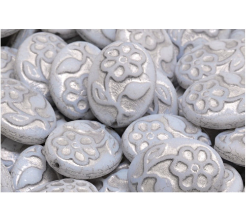 Чешские стеклянные бусины Овалы White Alabaster Silver Fired 21x16mm