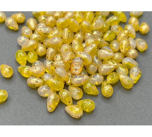 Чешские бусины Капли White Opal Amber Gold Splash 6x9 мм/ (10 шт)