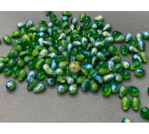 Чешские бусины Капли Green Opal AB 6x9 мм/ (10 шт)