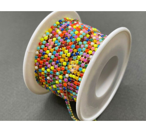 Стразовая цепочка Multicolor/оправа золото, ss6 (2 мм)