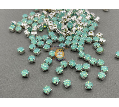 Шатоны стеклянные Chrysolite Opal пришивные в оправе 3 мм/ оправа серебро (30 шт)