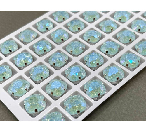 Стразы Кушон сахарные Chrysolite Opal пришивные в оправе 10×10 мм/ оправа серебро