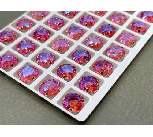 Стразы Кушон сахарные Indian Pink пришивные в оправе 10×10 мм/ оправа серебро