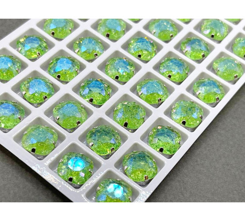 Стразы Кушон сахарные Peridot пришивные в оправе 10×10 мм/ оправа серебро