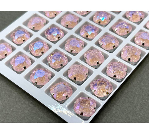 Стразы Кушон сахарные Pink Sapphire пришивные в оправе 10×10 мм/ оправа серебро
