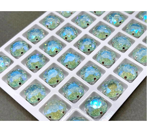 Стразы Кушон сахарные Chrysolite пришивные в оправе 10×10 мм/ оправа серебро