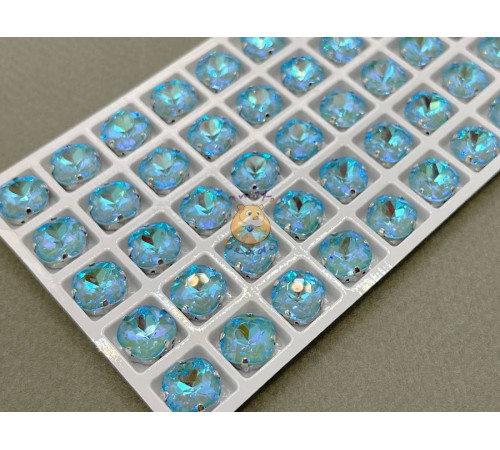 Стразы Кушон Blue Zircon NEO пришивные в оправе 10×10 мм/ оправа никель