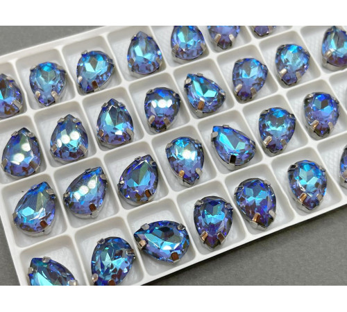 Стразы Капли Olivine Fluorescent пришивные в оправе 14×10 мм/ оправа серебро