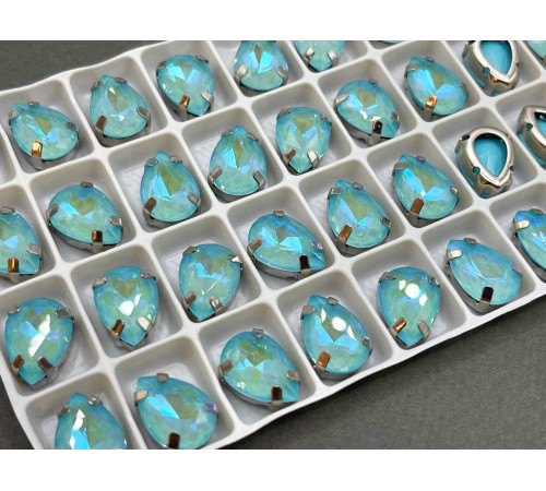 Стразы Капли Aquamarine Fluorescent пришивные в оправе 14×10 мм/ оправа серебро