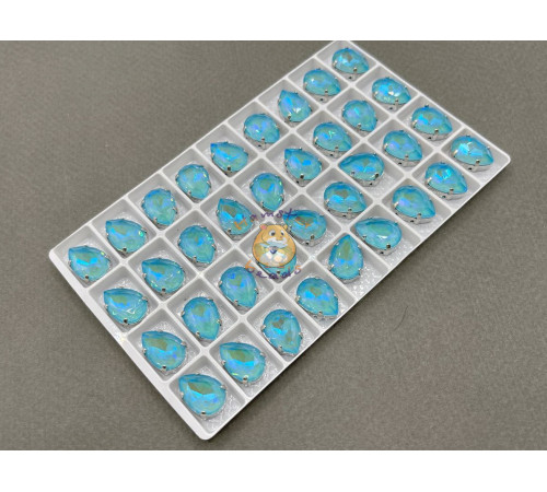 Стразы Капля Aquamarine NEO пришивные в оправе 14×10 мм/ оправа никель