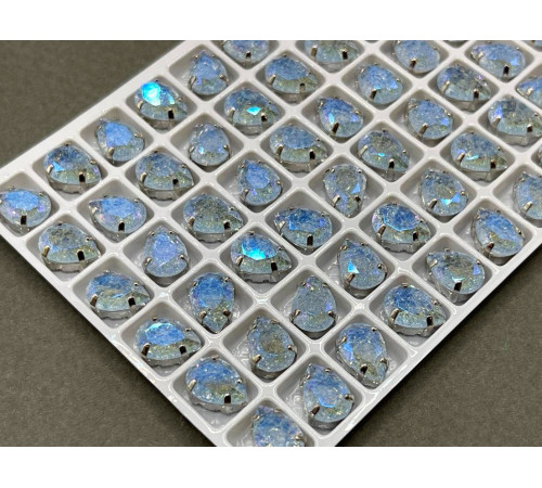 Стразы Капля сахарные Light Sapphire пришивные в оправе 10×7 мм/ оправа серебро