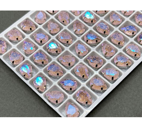 Стразы Капля сахарные Pink Sapphire пришивные в оправе 10×7 мм/ оправа серебро