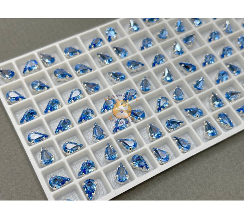 Стразы Капли Light Sapphire пришивные в оправе 8×5 мм/ оправа серебро