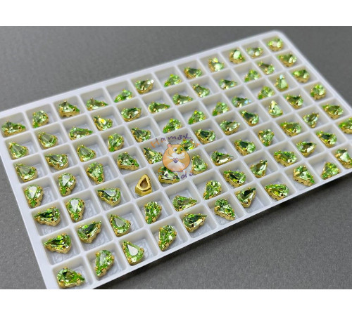 Стразы Капли Peridot пришивные в оправе 8×5 мм/ оправа золото