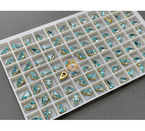 Стразы Капли Aquamarine пришивные в оправе 8×5 мм/ оправа золото