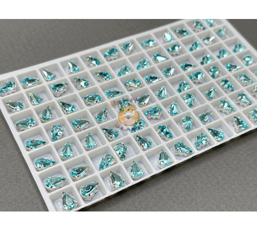 Стразы Капли Aquamarine пришивные в оправе 8×5 мм/ оправа серебро