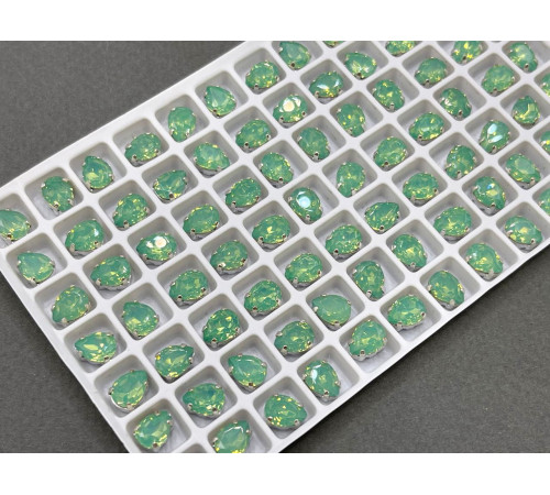 Стразы Капли Chrysolite Opal пришивные в оправе 8×6 мм/ оправа серебро