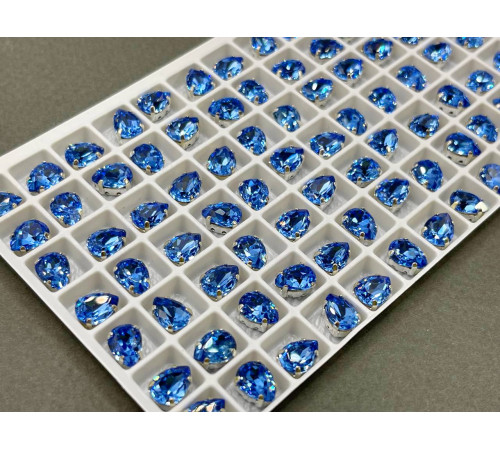 Стразы Капли Sapphire пришивные в оправе 8×6 мм/ оправа серебро
