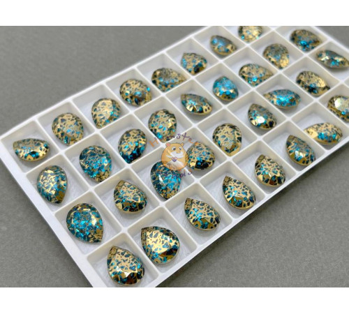 Стразы Капли Патина Aquamarine/Gold 10×14 мм