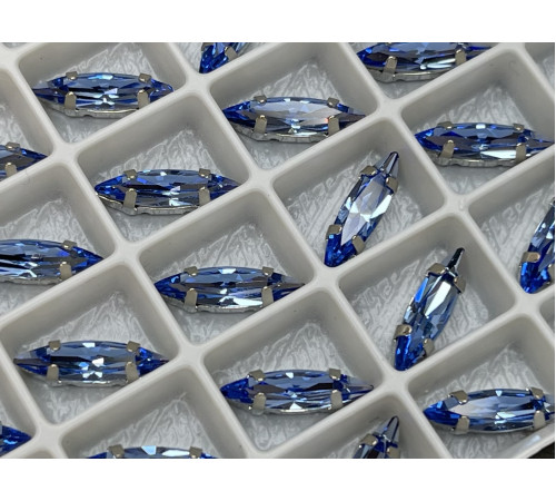 Стразы Наветт Light Sapphire пришивные в оправе 15×4 мм/ оправа серебро