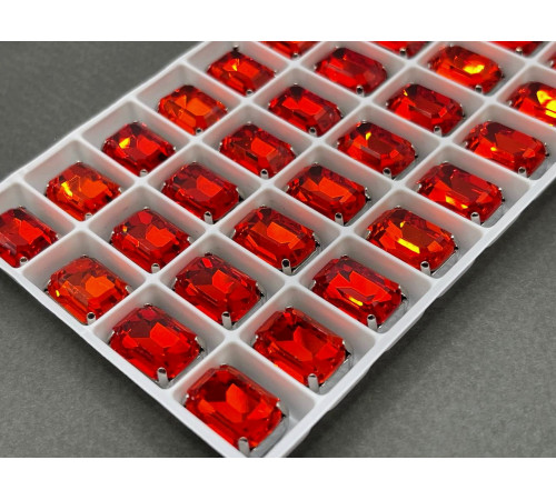Стразы Октагон Red Lava пришивные в оправе 14×10 мм/ оправа серебро