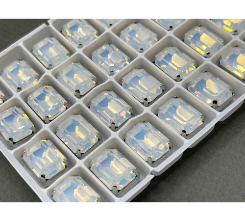 Стразы Октагон White Opal пришивные в оправе 14×10 мм/ оправа серебро
