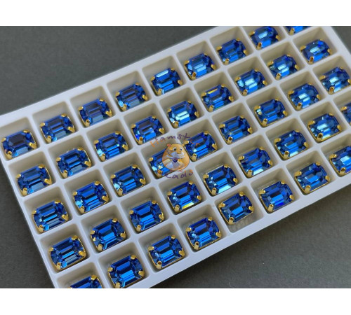 Стразы Прямоугольник Sapphire пришивные в оправе 8×10 мм/ оправа золото