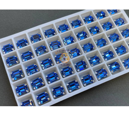 Стразы Прямоугольник Sapphire пришивные в оправе 8×10 мм/ оправа серебро