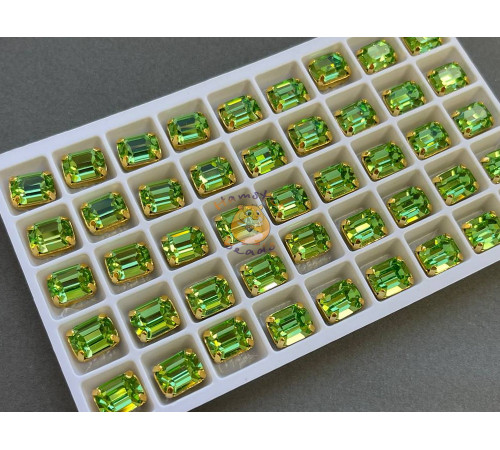Стразы Прямоугольник Peridot пришивные в оправе 8×10 мм/ оправа золото