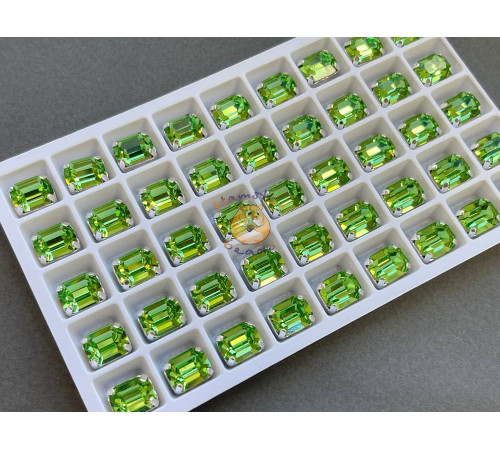 Стразы Прямоугольник Peridot пришивные в оправе 8×10 мм/ оправа серебро