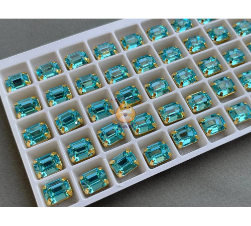 Стразы Прямоугольник Aquamarine пришивные в оправе 8×10 мм/ оправа золото